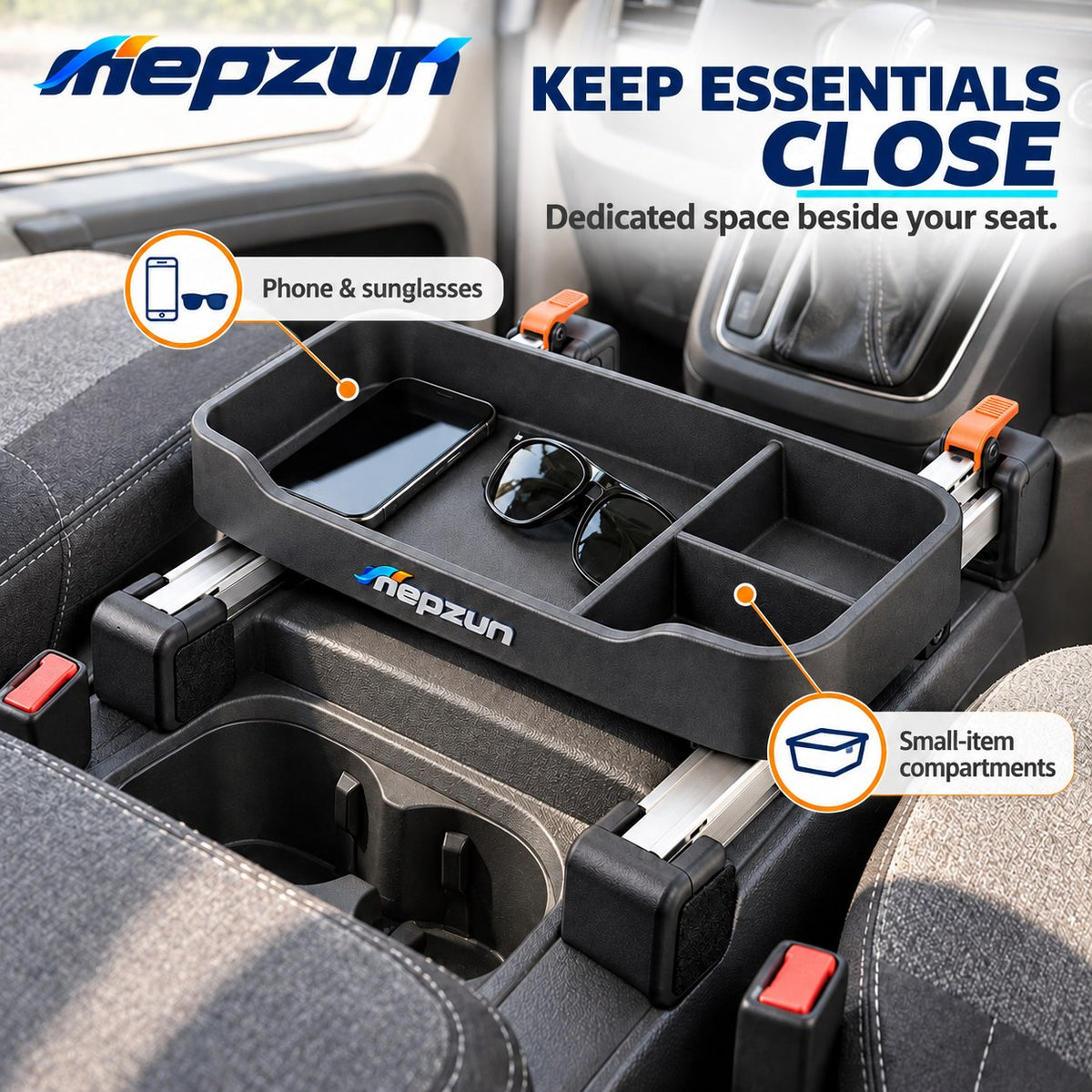 mepzun Adjustable Clamp-On Organizer Tray — in-use setting