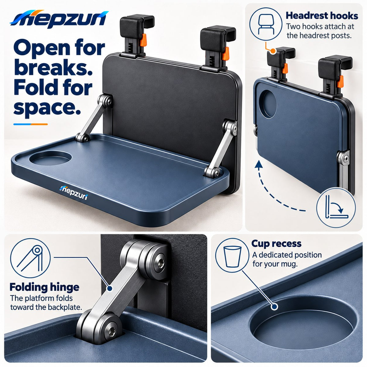 mepzun Fold-Down Utility Tray with Cup Recess — product details