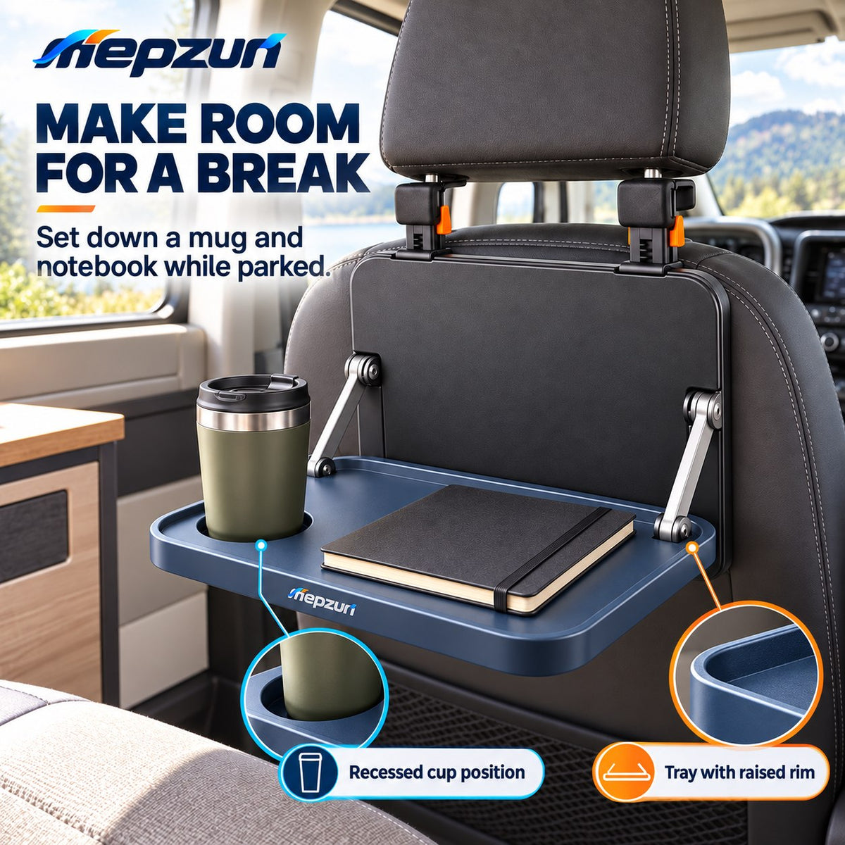 mepzun Fold-Down Utility Tray with Cup Recess — in-use setting