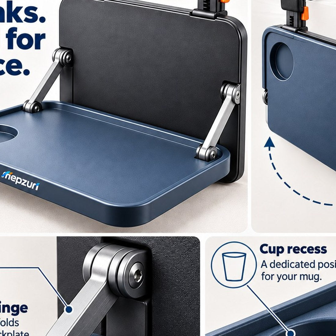 mepzun Fold-Down Utility Tray with Cup Recess — close-up detail