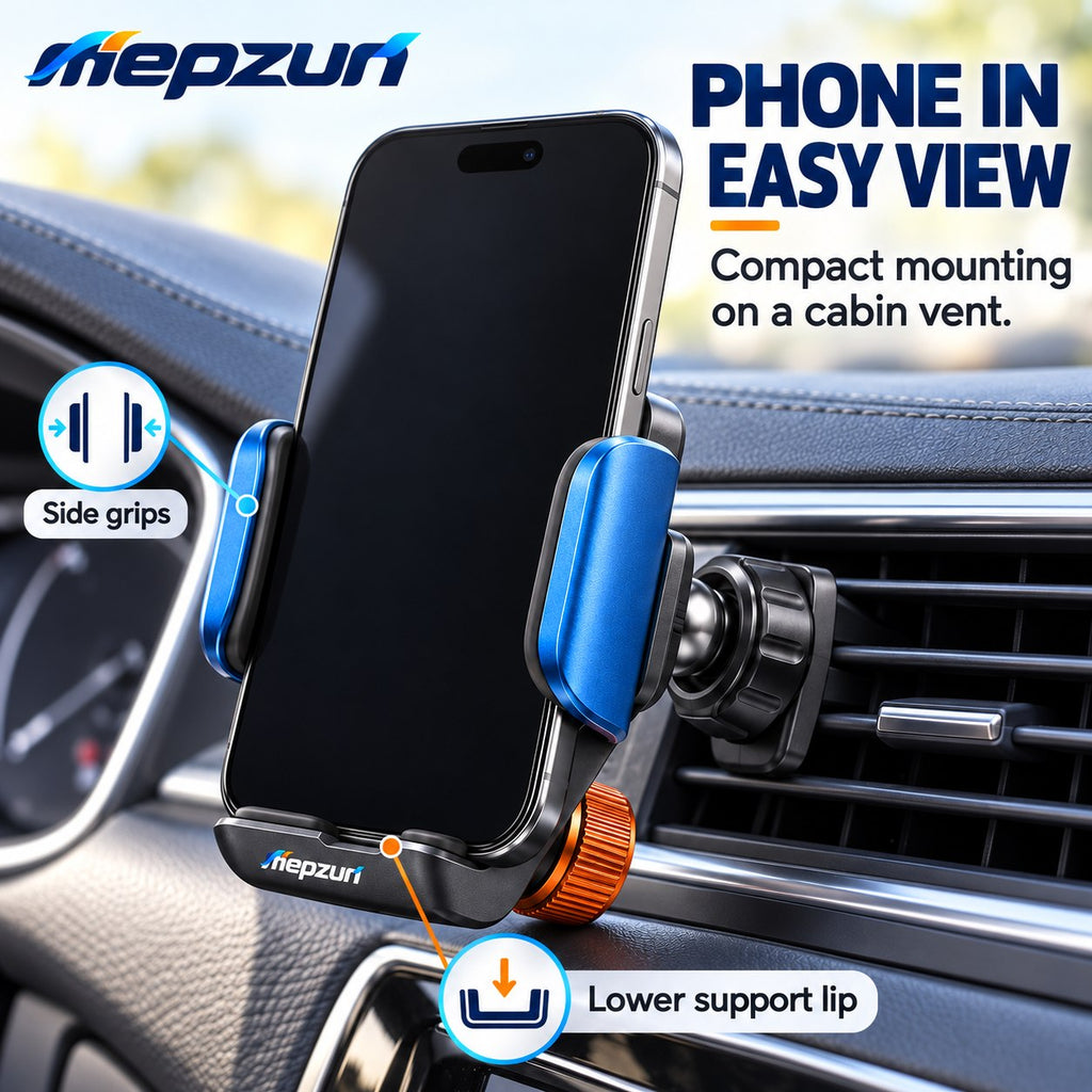 mepzun Adjustable Clamp-Mount Phone Holder — in-use setting