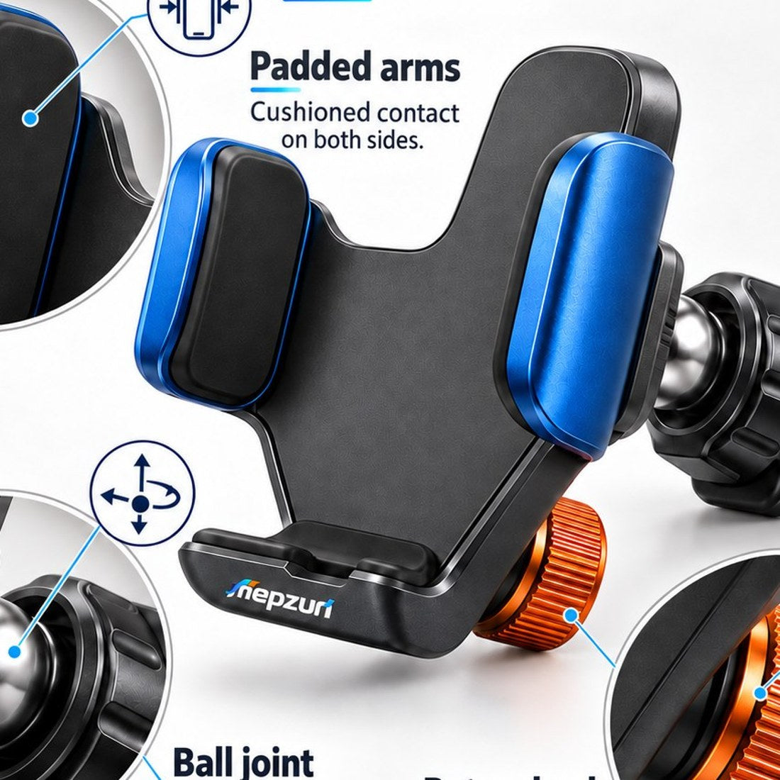 mepzun Adjustable Clamp-Mount Phone Holder — close-up detail